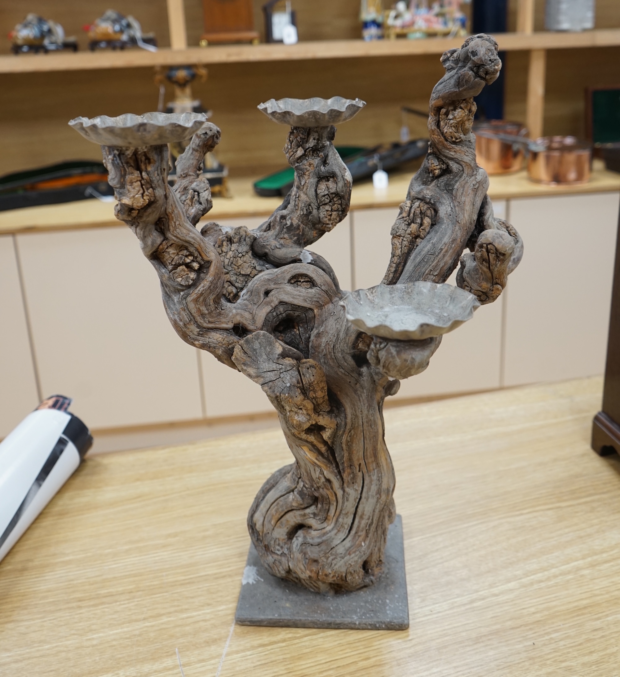 A piece of drift wood, mounted as a three light candelabrum, 52cm high. Condition - fair